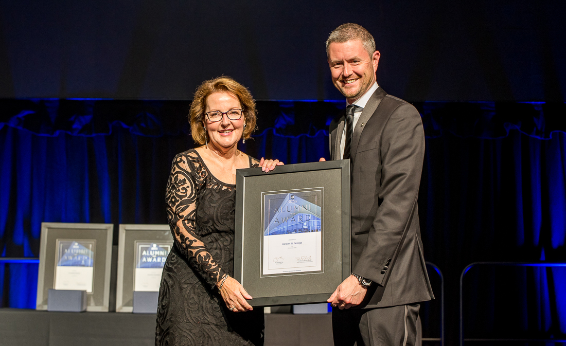 Dr. St. George Receiving Alumni Award. Image: University of South Australia, photo by Aise Dillon