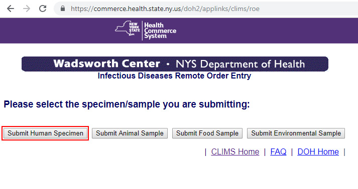Select the Specimen/Sample type you are submitting. Select the Specimen/Sample type you are submitting.