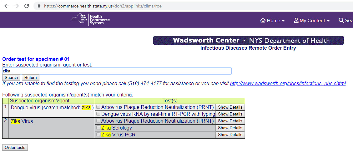 On the tests tab, search for the desired test by suspected organism, agent or test name. On the tests tab, search for the desired test by suspected organism, agent or test name.