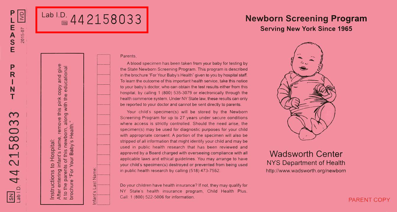 Pink Form pink parent’s copy of the newborn screening form