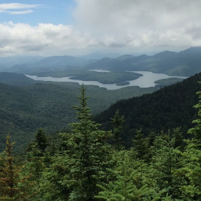 Water amid trees and mountains