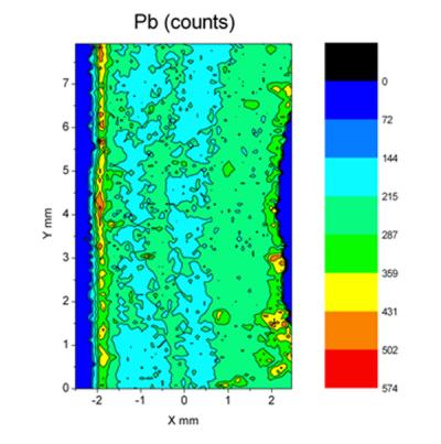 Lead deposition in a cross section of caprine tibia (goat shin bone), measured using an experimental X-ray fluorescence instrument developed in collaboration with XOS® Inc., East Greenbush, NY. The left edge is the outer bone surface and the right edge the inner surface. This image shows how lead is highly enriched at the outer bone surface and in discrete ‘hot spots’.  (Bellis et al., J Anal At Spectr, 2009) Lead deposition in a cross section of caprine tibia (goat shin bone)